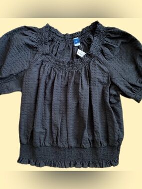 NWT~Black Cropped Smocked Peasant Shirt, Boho, Hippie, Women’s Large, Old Navy